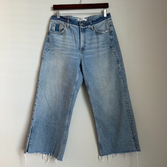 Zara Denim - Zara Basic Denim Distressed Wide Leg Multi Wash Jeans Size 8